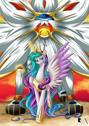 Size: 1013x1433 | Tagged: safe, artist:allocen, princess celestia, alicorn, pony, crossover, magic, pokéball, pokémon, smirk, solgaleo, spread wings, telekinesis