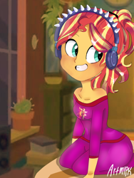 Size: 1800x2400 | Tagged: safe, artist:artmlpk, sunset shimmer, equestria girls, alternate hairstyle, bare shoulders, blushing, clothes, cute, female, headphones, house, kneeling, pajamas, ponytail, shimmerbetes, solo, sunset