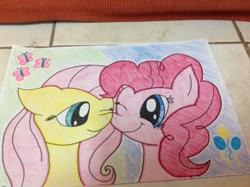 Size: 1024x765 | Tagged: safe, artist:xxstrawberryquartzxx, fluttershy, pinkie pie, earth pony, pegasus, pony, boop, drawing, female, flutterpie, lesbian, noseboop, nuzzling, shipping