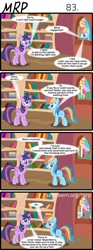 Size: 800x2153 | Tagged: safe, artist:umneem, diamond tiara, rainbow dash, silver spoon, sunset shimmer, twilight sparkle, twilight sparkle (alicorn), zephyr breeze, alicorn, earth pony, pegasus, pony, unicorn, comic:my rational pony, barrel, book, bookshelf, comic, female, golden oaks library, male, mare, stallion