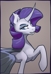 Size: 1991x2874 | Tagged: safe, artist:jykinturah, rarity, alicorn, bat pony, bat pony alicorn, pony, undead, vampire, vampony, alicornified, bat wings, ear fluff, fangs, looking at you, race swap, raised hoof, raribat, raricorn, slit eyes, solo