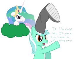 Size: 1000x800 | Tagged: safe, artist:mightyshockwave, lyra heartstrings, princess celestia, alicorn, pony, angry, boot, bush, bust, dialogue, election, floppy ears, frown, hat, humie, open mouth, simple background, underhoof, vermin supreme, white background