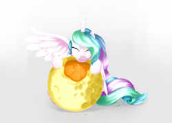 Size: 4900x3500 | Tagged: safe, artist:poecillia-gracilis19, princess celestia, alicorn, pony, edible heavenly object, eyes closed, moon, simple background, solo, tangible heavenly object