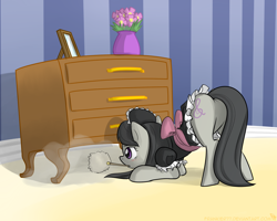 Size: 1280x1024 | Tagged: safe, artist:frankier77, octavia melody, earth pony, pony, cleaning, clothes, costume, drawer, dust, duster, face down ass up, featureless crotch, maid, mouth hold, plot