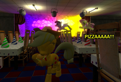 Size: 689x466 | Tagged: safe, applejack, fluttershy, twilight sparkle, earth pony, pegasus, pony, robot, animatronic, applefreddy, applefreddy fazjack's pizzeria, burger, creepy, eating, five nights at aj's, flutterchica, looking at you, pizza, twibon