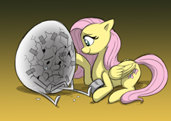 Size: 1208x853 | Tagged: safe, artist:mickeymonster, fluttershy, pegasus, pony, :t, crossover, crying, cute, duct tape, egg, flumpty bumpty, frown, one night at flumpty's, petting, prone, sad, smiling