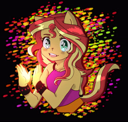 Size: 3549x3387 | Tagged: safe, artist:cornalina31, sunset shimmer, equestria girls, abstract background, anime, big eyes, bust, clapping, colorful background, cute, happy, open mouth, ponied up, pony ears, ponytail, shimmerbetes, solo