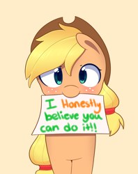 Size: 1900x2400 | Tagged: safe, artist:joyfulinsanity, applejack, earth pony, pony, blushing, female, freckles, hat, looking at you, mare, motivational, mouth hold, positive message, positive ponies, solo