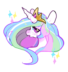 Size: 917x973 | Tagged: safe, artist:fursalot, princess celestia, alicorn, pony, bust, freckles, lidded eyes, looking at you, open mouth, portrait, sad, simple background, solo, sparkles, white background