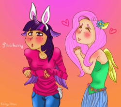 Size: 1024x905 | Tagged: safe, artist:deadbunny16, derpibooru import, fluttershy, twilight sparkle, twilight sparkle (alicorn), alicorn, human, bunny ears, humanized