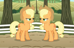 Size: 821x536 | Tagged: safe, edit, edited screencap, screencap, applejack, earth pony, pony, the super speedy cider squeezy 6000, clone, mirrored, unitinu