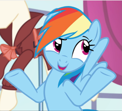 Size: 1031x942 | Tagged: safe, derpibooru import, screencap, rainbow dash, pegasus, pony, rarity investigates, cropped, dreamworks face, female, mare, open mouth, raised eyebrow, raised hoof, shrug, smiling, solo, spread wings, underhoof, wings