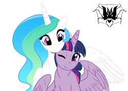 Size: 3024x2150 | Tagged: safe, artist:akeahi, artist:amysticalartist, princess celestia, twilight sparkle, twilight sparkle (alicorn), alicorn, pony, female, lesbian, one eye closed, shipping, simple background, transparent background, twilestia, vector, wink