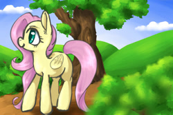 Size: 1200x800 | Tagged: safe, artist:whale, fluttershy, pegasus, pony, cloud, cloudy, smiling, solo, tree