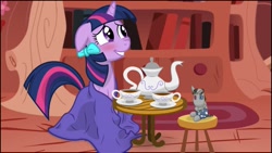 Size: 1191x670 | Tagged: safe, artist:eagle1division, derpibooru import, smarty pants, twilight sparkle, adorkable, blanket, blushing, bow, cute, dork, embarrassed, floppy ears, grin, sitting, smiling, solo, tea, tea party, teacup, teapot, twiabetes