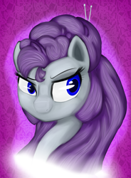 Size: 1024x1389 | Tagged: safe, artist:madacon, rarity, pony, unicorn, abstract background, alternate hairstyle, blue eyes, bust, curly hair, eyebrows, eyelashes, hairpin, missing horn, no mouth, portrait, purple background, purple hair, solo