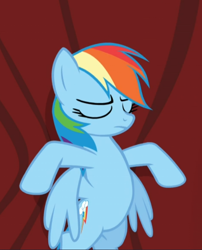 Size: 612x759 | Tagged: safe, derpibooru import, screencap, rainbow dash, pegasus, pony, rarity investigates, bipedal, cropped, curtain, eyes closed, female, mare, solo