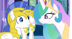 Size: 1280x702 | Tagged: safe, artist:forgalorga, princess celestia, alicorn, pony, celestia is best princess (animation), puffy cheeks, royal guard, scrunchy face, unamused, worried