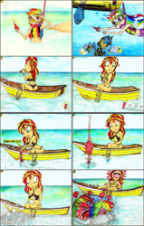 Size: 1968x3104 | Tagged: safe, artist:meiyeezhu, rainbow dash, sunset shimmer, fish, human, better together, equestria girls, anime, armpits, belly button, boat, breasts, bubbling, caught, clothes, comic, coughing, denied, eating, fishing net, fishing rod, food, funny, goggles, hilarious, hot sauce, humanized, karma, laughing, oar, ocean, old master q, parody, red face, reference, scissors, sitting, sneezing, snorkel, snorkeling, spicy, summer, summer sunset, sunset jiggler, swimming, swimsuit, tabasco, underwater