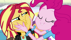 Size: 1920x1080 | Tagged: safe, screencap, pinkie pie, sunset shimmer, equestria girls, mirror magic, spoiler:eqg specials, bracelet, cheek squish, clothes, duo, eyes closed, geode of empathy, jewelry, magical geodes, smiling, squishy cheeks