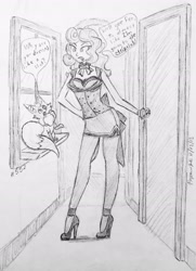 Size: 2141x2965 | Tagged: safe, artist:floofyfoxcomics, oc, oc:autumn science, fennec fox, human, clothes, high heels, humanized, miniskirt, monochrome, pantyhose, shoes, side slit, skirt, stockings, thigh highs, traditional art