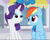 Size: 1066x858 | Tagged: safe, derpibooru import, screencap, rainbow dash, rarity, soarin', pegasus, pony, unicorn, rarity investigates, cropped, cute, dashabetes, duo focus, female, lidded eyes, looking at each other, mare, raribetes, sitting, smiling, sunscreen