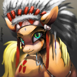 Size: 2000x2000 | Tagged: safe, artist:santagiera, applejack, earth pony, pony, badass, face paint, female, headdress, indian, mare, native american, solo, squawjack, tribal, war paint