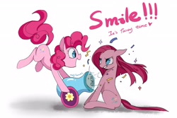 Size: 3000x2000 | Tagged: safe, artist:rocy canvas, pinkie pie, earth pony, pony, confetti, duality, gritted teeth, happy, party cannon, pinkamena diane pie, self ponidox