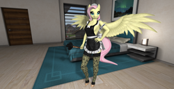 Size: 1920x986 | Tagged: safe, artist:bangayo, fluttershy, anthro, pegasus, unguligrade anthro, 3d, backless, bedroom, breasts, clothes, female, fluttermaid, french maid, lingerie, maid, mare, second life, sexy, sideboob, solo, stockings, thigh highs