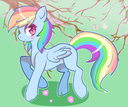 Size: 6000x5000 | Tagged: safe, artist:tuxisthename, derpibooru import, rainbow dash, butterfly, pegasus, pony, blushing, colored pupils, cute, dashabetes, female, flower, mare, missing cutie mark, profile, solo