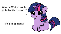 Size: 1194x668 | Tagged: safe, derpibooru import, twilight sparkle, pony, unicorn, dialogue, female, filly, filly twilight sparkle, filly twilight telling an offensive joke, horn, implied incest, looking at you, meme, multicolored mane, multicolored tail, obligatory pony, purple coat, simple background, sitting, smiling, solo, talking to viewer, underhoof, vulgar, white background