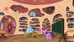 Size: 1280x720 | Tagged: safe, derpibooru import, screencap, twilight sparkle, twilight sparkle (alicorn), alicorn, pony, testing testing 1-2-3, chalkboard, female, golden oaks library, mare