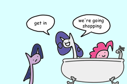 Size: 600x398 | Tagged: safe, artist:wollap, derpibooru import, pinkie pie, rarity, twilight sparkle, earth pony, pony, unicorn, bathtub, comic, shopping