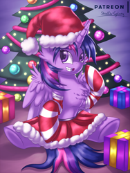 Size: 2250x3000 | Tagged: safe, artist:shad0w-galaxy, twilight sparkle, twilight sparkle (alicorn), alicorn, pony, christmas, christmas tree, clothes, cute, female, hat, holiday, mare, patreon, patreon logo, present, santa hat, skirt, socks, solo, stockings, striped socks, thigh highs, tree