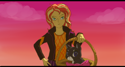 Size: 1280x693 | Tagged: safe, artist:kovoranu, sunset shimmer, cat, better together, equestria girls, sunset's backstage pass!, basket, bow, bust, portrait, scene interpretation, solo