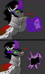 Size: 1024x1683 | Tagged: safe, artist:dasucs, artist:mrtheamazingdude, artist:mtad2, derpibooru import, idw, king sombra, pony, unicorn, spoiler:comic, burning, comic drama, glowing eyes, gray background, hilarious in hindsight, idw drama, magic, male, simple background, solo, sombra eyes, speech, stallion, telekinesis, thinking