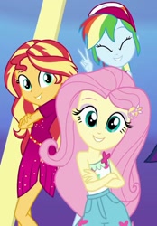 Size: 484x694 | Tagged: safe, screencap, fluttershy, rainbow dash, sunset shimmer, better together, equestria girls, i'm on a yacht, cropped, crossed arms, female, geode of fauna, magical geodes