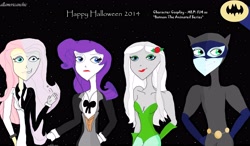 Size: 4760x2776 | Tagged: safe, artist:allamericanchic, fluttershy, rarity, soarin', zecora, equestria girls, batman, batman the animated series, batsignal, catwoman, crossover, halloween, humanized, monocle, poison ivy, the penguin, two-face