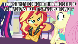 Size: 640x360 | Tagged: safe, edit, edited screencap, screencap, fluttershy, sci-twi, sunset shimmer, twilight sparkle, better together, equestria girls, forgotten friendship, canterlot mall, caption, cute, ego, geode of empathy, geode of fauna, image macro, lampshade hanging, magical geodes, shimmerbetes, text, truth