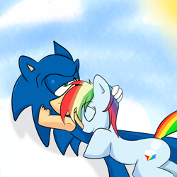 Size: 2000x2000 | Tagged: safe, artist:soul-yagami64, derpibooru import, rainbow dash, pegasus, pony, armpits, crossover, female, interspecies, male, shipping, sonic the hedgehog, sonic the hedgehog (series), sonicdash, straight