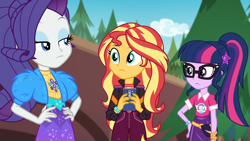 Size: 1920x1080 | Tagged: safe, screencap, rarity, sci-twi, sunset shimmer, twilight sparkle, better together, equestria girls, festival filters, bolero jacket, cellphone, clothes, female, geode of empathy, geode of telekinesis, glasses, hand on hip, jacket, magical geodes, outdoors, phone, ponytail, smartphone, trio, trio female