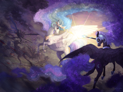 Size: 3000x2245 | Tagged: safe, artist:natanatfan, nightmare moon, princess celestia, alicorn, pony, armor, crown, female, fight, frown, glare, gritted teeth, hoers, jewelry, magic, mare, rearing, regalia, spread wings