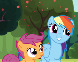 Size: 911x727 | Tagged: safe, derpibooru import, screencap, rainbow dash, scootaloo, pegasus, pony, brotherhooves social, cropped, cute, dashabetes, duo, female, filly, mare, smiling