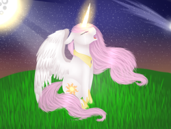 Size: 1024x769 | Tagged: safe, artist:deerotic25, princess celestia, alicorn, pony, comet, crying, glowing horn, moon, night, night sky, solo