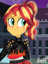 Size: 1800x2400 | Tagged: safe, alternate version, artist:artmlpk, sunset shimmer, equestria girls, alternate hairstyle, badass, blushing, canterlot high, clothes, confused, cute, eyeshadow, fashion, fiery shimmer, jacket, leather jacket, leggings, makeup, night, ponytail, punk, shimmerbetes, solo, spikes