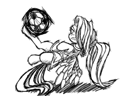 Size: 2048x1536 | Tagged: safe, artist:thattagen, fluttershy, pegasus, pony, ball, football, kick, monochrome, solo, style emulation