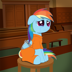 Size: 2160x2160 | Tagged: safe, artist:spellboundcanvas, derpibooru import, rainbow dash, pegasus, pony, bound wings, clothes, courtroom, crying, prison, prison outfit, prisoner, prisoner rd, restraints, sad, teary eyes, wing cuffs