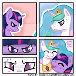 Size: 400x400 | Tagged: safe, artist:ijustloveit619, princess celestia, twilight sparkle, alicorn, pony, blushing, bust, comic, cute, dialogue, eye contact, eyes closed, looking at each other, looking at you, portrait, smiling, staring contest, sweat, watermark