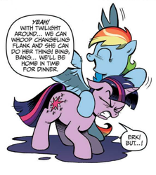 Size: 504x568 | Tagged: safe, artist:andypriceart, derpibooru import, idw, rainbow dash, twilight sparkle, unicorn twilight, pegasus, pony, unicorn, spoiler:comic, spoiler:comic04, duo, eyes closed, female, mare, noogie, official comic, simple background, speech bubble, white background