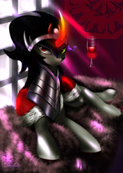 Size: 4250x6000 | Tagged: safe, artist:darksly, derpibooru import, king sombra, pony, unicorn, absurd resolution, alcohol, colored hooves, curved horn, fur, glowing horn, horn, magic, prone, solo, sombra eyes, telekinesis, wine